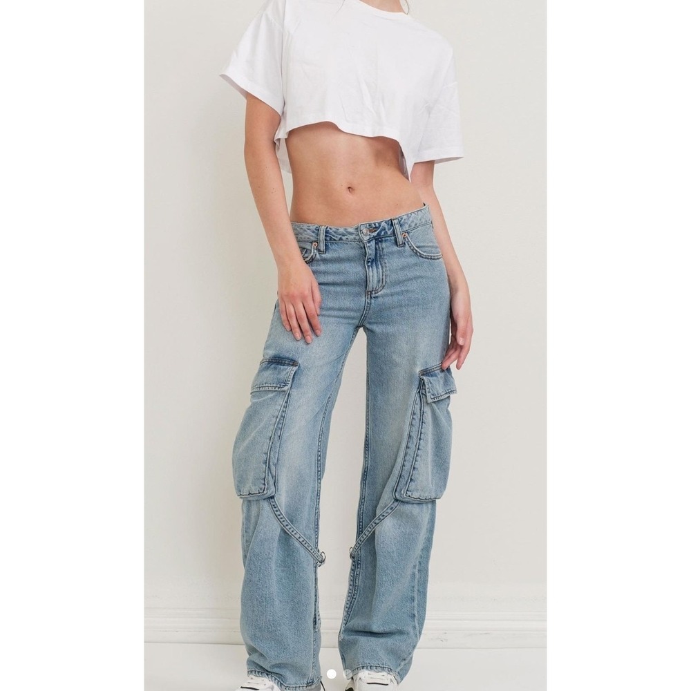 S.O.N.G. Jeans Size 9/29 Light Wash Denim Cargo Pants Y2K Baggy Wide Leg Utility